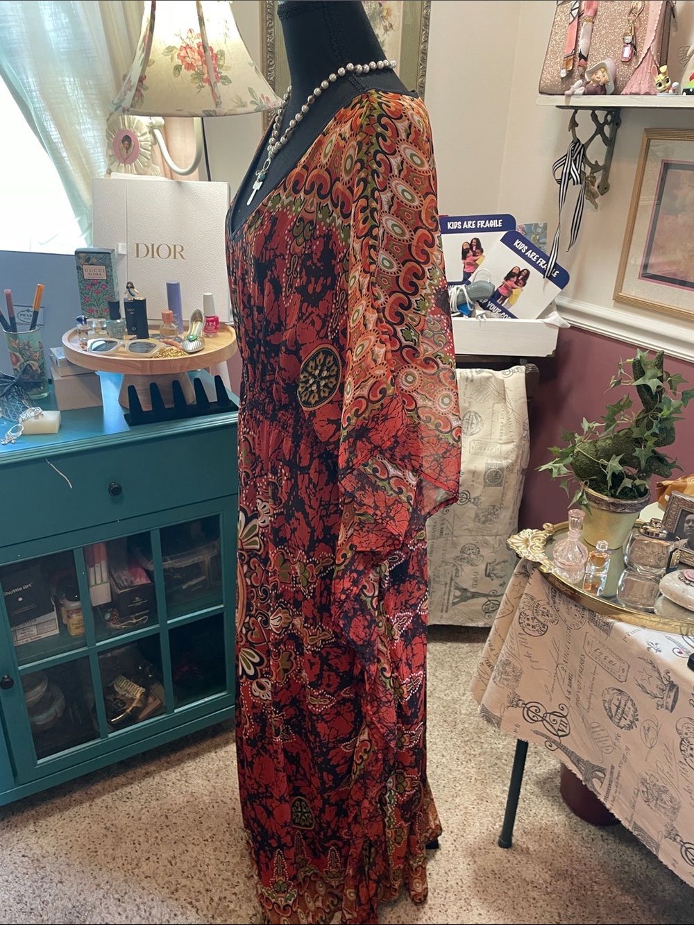 Bohemian V-Neck Floral Maxi Kaftan in Rust Red MPH Collection - Picture 13 of 13
